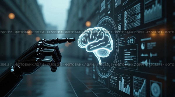 Технологии: рука робота управляет голографической моделью мозга, AI-generation. Стоковое AI-изображение, AI-художник Елена Скрипкина / Фотобанк Лори