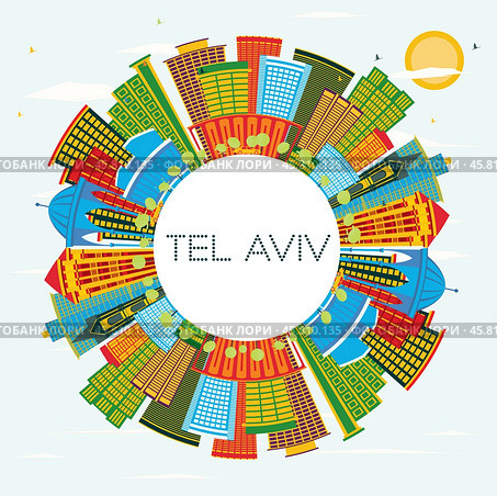 Tel Aviv Israel City Skyline with Color Buildings, Blue Sky and Copy Space. Стоковая иллюстрация, иллюстратор Игорь Сорокин / Фотобанк Лори