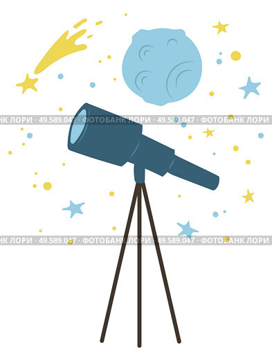 Telescope and falling star, planet cosmic bodies isolated. Vector comet at galaxy space, blue moon or meteor. Cosmos o universe investigation, asteroid in sky. Telescope and Falling Star, Planet Cosmic Bodies. Стоковая иллюстрация, агентство Ingram Publishing / Фотобанк Лори