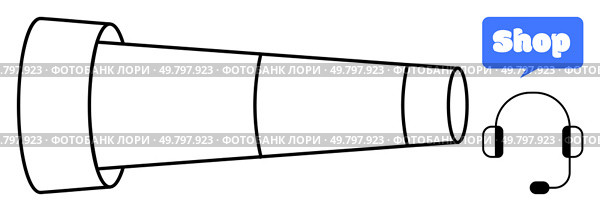 Telescopic lens, shop icon, and headset depict a focus on enhancing e-commerce customer support and sales strategies. Ideal for online shopping, customer service, e-commerce, retail sales, business. Focus on E-Commerce Customer Support with a Sales Enhancement Strategy. Стоковая иллюстрация, агентство Ingram Publishing / Фотобанк Лори