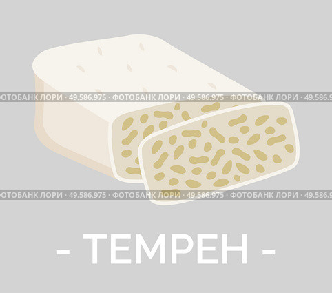 Tempeh product, traditional Indonesian fermented food. Isolated icon of dish made of soybeans. Asia vegetarian meal useful for digestive system of human body and microflora. Vector in flat style. Tempeh Fermented Food of Soybeans Asian Dishes. Стоковая иллюстрация, агентство Ingram Publishing / Фотобанк Лори