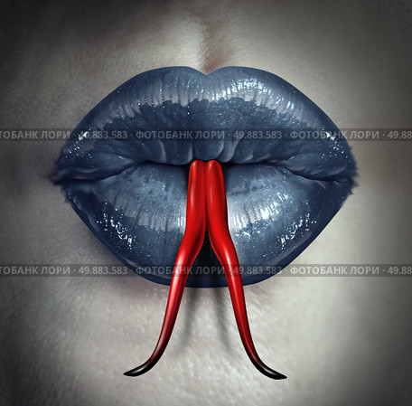 Temptation and human gossip concept as woman lips with a snake forked tongue as a metaphor for dirty talk or sexual issues. Стоковое фото, агентство Ingram Publishing / Фотобанк Лори