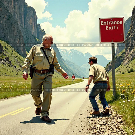 Tensions rise as border patrol interacts with migrants near USA Mexico border in a mountainous landscape. Стоковое AI-изображение, AI-художник Кривошеина Елена Леонидовна / Фотобанк Лори