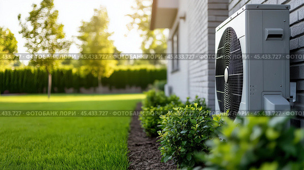 Тепловые насосы HVAC для эффективного использования энергии в жилых помещениях, зеленая энергия, энергия 4.0. Эффективная работа кондиционера в жилых помещениях в пышной обстановке заднего двора. Стоковое AI-изображение, AI-художник ФотоИнтеллект / Фотобанк Лори