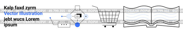 Text and geometric circuit element, shopping cart icon, open book graphic. Ideal for technology, e-commerce, education, digital literacy, innovation, information dissemination. Banner for landing. Digital Transformation Concept with Text, Circuit, Shopping Cart, and Book Elements. Стоковая иллюстрация, агентство Ingram Publishing / Фотобанк Лори