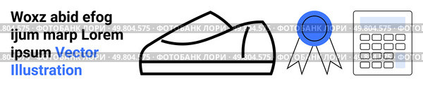 Text block, outlined shoe, blue award ribbon, outlined calculator. Ideal for commerce, education, sports, awards, finance, technology marketing design projects Landing page. Shoe Outline, Award Ribbon, and Calculator Objects with Placeholder Text. Стоковая иллюстрация, агентство Ingram Publishing / Фотобанк Лори