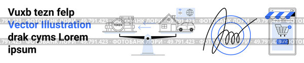 Text, house, cars, trucks, scale, signature, and shopping cart. Ideal for logistics, transportation, delivery services, e-commerce, digital signatures, shopping apps, and landing pages. Balanced Transportation Solutions and E-commerce Graphic with Customizable Vector Elements. Стоковая иллюстрация, агентство Ingram Publishing / Фотобанк Лори