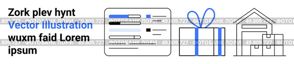 Text on left with project details. Checklist, blue-ribbon tied gift, and warehouse with boxes icons. Ideal for e-commerce, logistics, shipping, inventory, supply chain fulfillment landing page. Online Order Processing with Checklist, Gift Package, and Warehouse Icons. Стоковая иллюстрация, агентство Ingram Publishing / Фотобанк Лори