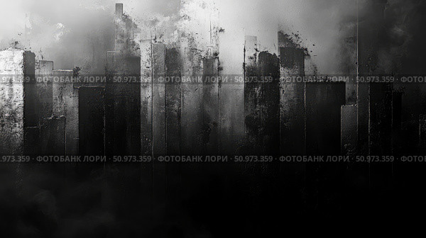 Textured Abstract Cityscape in High Contrast Grayscale, Featuring Industrial Vertical Blocks Rising from Dark Shadows into a Brightening, Gritty Sky. Стоковое AI-изображение, AI-художник Данила Большаков / Фотобанк Лори