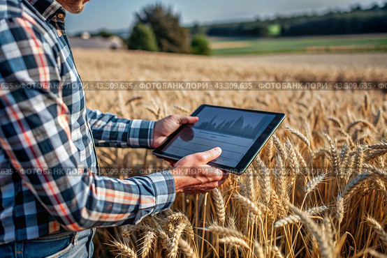 The agronomist uses software to process online data for digital farming. A farmer with a tablet computer in his hands stands in a wheat field. Стоковое AI-изображение, AI-художник Photojuli / Фотобанк Лори