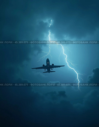 The aircraft encounters a severe thunderstorm, surrounded by dark clouds and illuminated by bright lightning strikes, highlighting the danger in the sky. Causes of air crashes. Generative AI. Стоковое AI-изображение, AI-художник Юлия Петровская / Фотобанк Лори