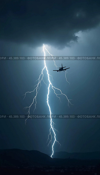 The aircraft encounters a severe thunderstorm, surrounded by dark clouds and illuminated by bright lightning strikes, highlighting the danger in the sky. Causes of air crashes. Generative AI. Стоковое AI-изображение, AI-художник Юлия Петровская / Фотобанк Лори