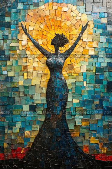The artwork depicts a silhouette of a woman with uplifted arms, surrounded by a radiant array of colors, symbolizing joy and strength. Стоковое AI-изображение, AI-художник Данила Большаков / Фотобанк Лори