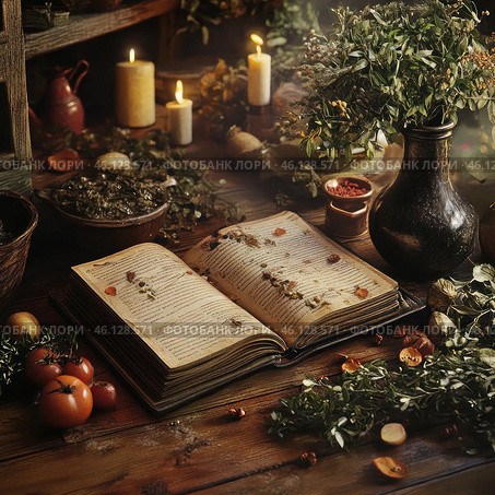The atmosphere of an ancient alchemist's or herbalist's workshop. In the center of the composition is an open ancient book, the pages of which are strewn with dried herbs, petals and seeds. Around it are various herbs, spices, vegetables (tomatoes), a vase with plants and burning candles, creating a warm, mystical light. A wooden table and shelves with jars, bottles and dried herbs enhance the feeling of an ancient magical or apothecary place. Стоковое AI-изображение, AI-художник Анна Кривицкая / Фотобанк Лори
