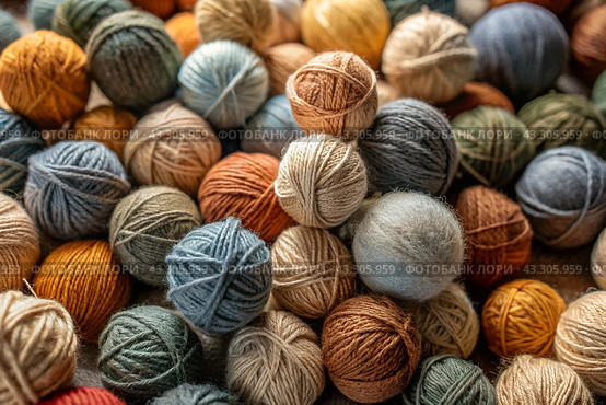 The background is made of balls of wool yarn . Needlework, textiles, knitting. Winter season, small business, handmade clothes. Стоковое AI-изображение, AI-художник Photojuli / Фотобанк Лори