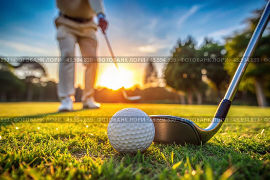 The banner. A white ball and a metal golf club are lying on the lawn in the hands of a man against the sunset background. An advertisement for a golf game at a country club. Free space for text. Стоковое AI-изображение, AI-художник Photojuli / Фотобанк Лори