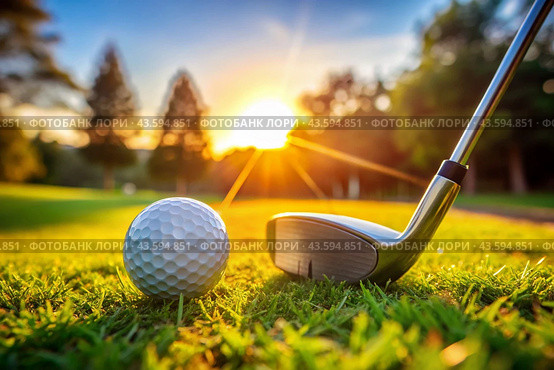 The banner. A white ball and a metal golf club are lying on the lawn in the hands of a man against the sunset background. An advertisement for a golf game at a country club. Free space for text. Стоковое AI-изображение, AI-художник Photojuli / Фотобанк Лори