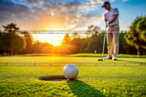The banner. A white ball and a metal golf club are lying on the lawn in the hands of a man against the sunset background. An advertisement for a golf game at a country club. Free space for text. Стоковое AI-изображение, AI-художник Photojuli / Фотобанк Лори