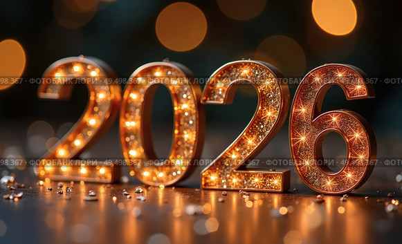 The banner. Happy New Year and Merry Christmas. Shiny numbers from 2026, sequins and a beautiful side on a dark background. The flyer. Invitation. Стоковое AI-изображение, AI-художник Photojuli / Фотобанк Лори