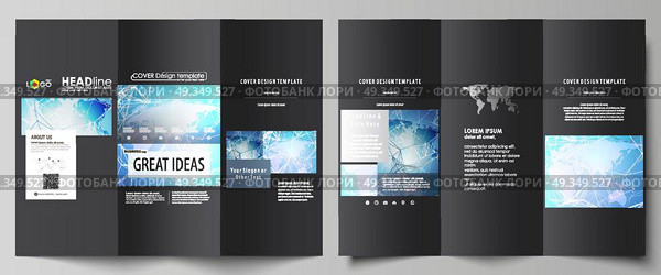 The black colored minimalistic vector illustration of the editable layout of two creative tri-fold brochure covers design templates. World map on blue, geometric technology design, polygonal texture.. The black colored minimalistic vector illustration of the editable layout of two creative tri-fold brochure covers design templates. World map on blue, geometric technology design, polygonal texture. Стоковая иллюстрация, агентство Ingram Publishing / Фотобанк Лори
