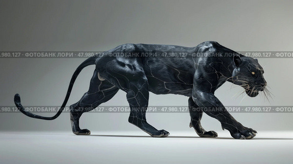 The black panther strides purposefully with a powerful gait, its sleek coat glistening under the light, emphasizing its athletic form. Стоковое AI-изображение, AI-художник Данила Большаков / Фотобанк Лори