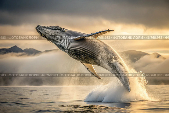 The breakthrough of a gray humpback whale from the water. A huge whale jumps out of the water. Whale watching in the ocean. Стоковое AI-изображение, AI-художник Photojuli / Фотобанк Лори