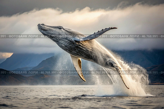 The breakthrough of a gray humpback whale from the water. A huge whale jumps out of the water. Whale watching in the ocean. Стоковое AI-изображение, AI-художник Photojuli / Фотобанк Лори