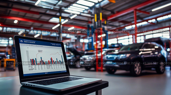 The car engine is being diagnosed in the Car Workshop. There are various SUVs in the garage. Стоковое AI-изображение, AI-художник Ирина Ручушкина / Фотобанк Лори