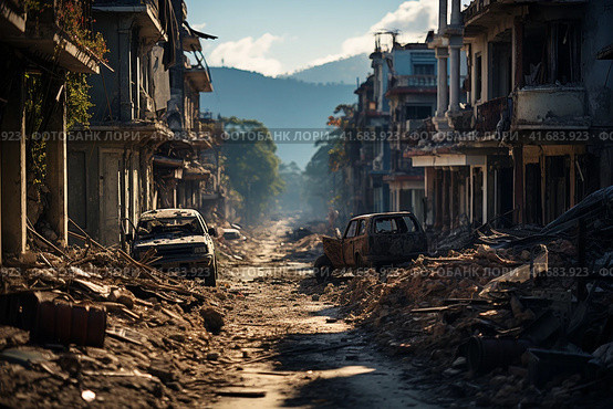 The city after the earthquake, houses destroyed after the war, dirt on the streets,    Generative AI. Стоковое AI-изображение, AI-художник Анна Кривицкая / Фотобанк Лори