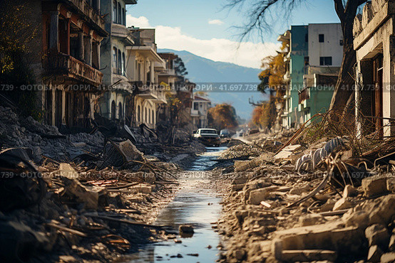 The city after the earthquake, houses destroyed after the war, dirt on the streets,    Generative AI. Стоковое AI-изображение, AI-художник Анна Кривицкая / Фотобанк Лори