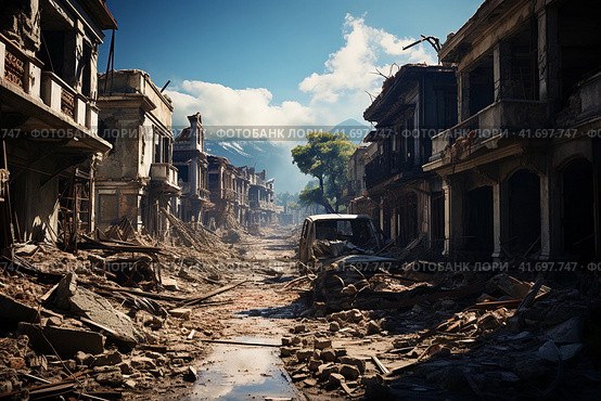 The city after the earthquake, houses destroyed after the war, dirt on the streets,    Generative AI. Стоковое AI-изображение, AI-художник Анна Кривицкая / Фотобанк Лори