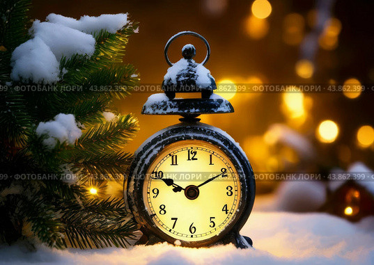 The clock is counting down the last moment of the outgoing old year. There is little time left until the New Year. Is everything ready to celebrate the New Year? Стоковое AI-изображение, AI-художник Сергей Елизарьев / Фотобанк Лори