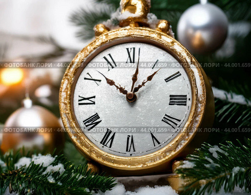 The clock is counting down the last moment of the outgoing old year. There is little time left until the New Year. Is everything ready to celebrate the New Year? Стоковое AI-изображение, AI-художник Сергей Елизарьев / Фотобанк Лори