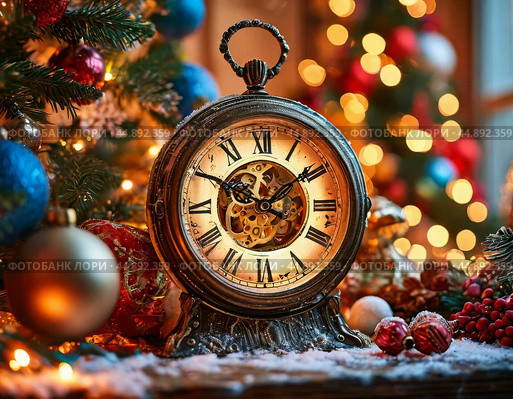 The clock is counting down the last moment of the outgoing old year. There is little time left until the New Year. Is everything ready to celebrate the New Year? Стоковое AI-изображение, AI-художник Сергей Елизарьев / Фотобанк Лори