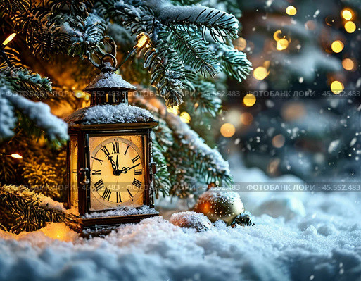 The clock is counting down the last moment of the outgoing old year. Festive New Year atmosphere. New Year card. Стоковое фото, фотограф Сергей Елизарьев / Фотобанк Лори