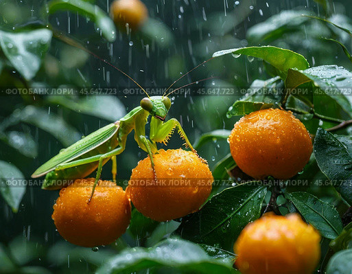 The common mantis, or religious mantis (Latin Mantis religiosa) is a large predatory insect from the family of true mantises of the order Mantisidae. Стоковое AI-изображение, AI-художник Сергей Елизарьев / Фотобанк Лори
