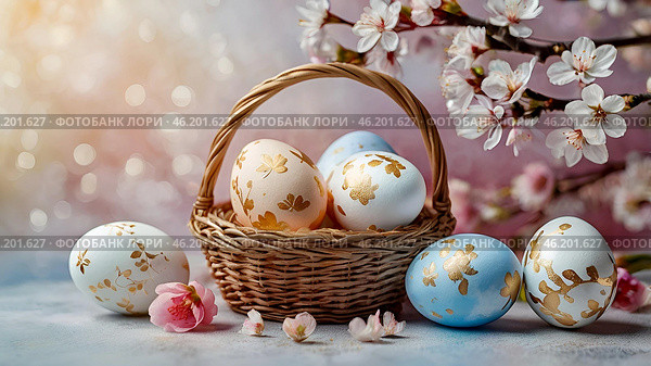 The concept of a bright Easter holiday. Delicate Easter eggs and cherry blossom branches on a pastel watercolor background with delicate streaks. Стоковое AI-изображение, AI-художник Photojuli / Фотобанк Лори