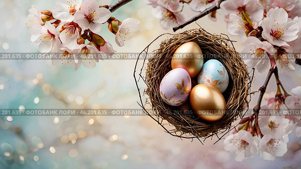 The concept of a bright Easter holiday. Delicate Easter eggs and cherry blossom branches on a pastel watercolor background with delicate streaks. Стоковое AI-изображение, AI-художник Photojuli / Фотобанк Лори
