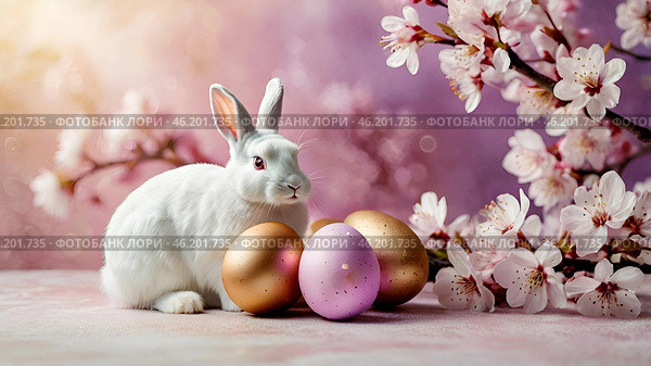 The concept of a bright Easter holiday. Delicate Easter eggs, a white rabbit and cherry blossom branches on a pastel watercolor background with delicate streaks. Стоковое AI-изображение, AI-художник Photojuli / Фотобанк Лори