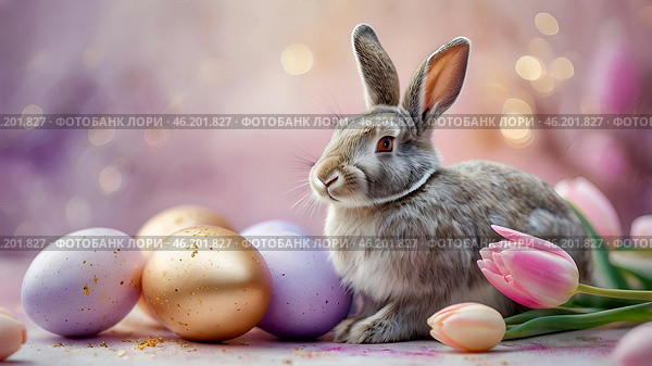 The concept of a bright Easter holiday. Delicate Easter eggs, a gray rabbit and tulip flowers on a pastel watercolor background with delicate veins. Стоковое AI-изображение, AI-художник Photojuli / Фотобанк Лори