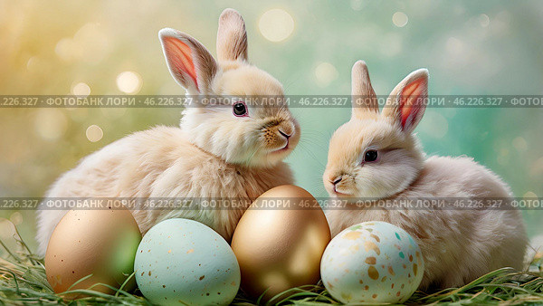 The concept of a bright Easter holiday. Delicate Easter eggs, bunnies on a pastel background. Стоковое AI-изображение, AI-художник Photojuli / Фотобанк Лори