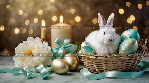The concept of a bright Easter holiday. Delicate Easter eggs, a rabbit and delicate flowers on a pastel watercolor background with delicate veins. Стоковое AI-изображение, AI-художник Photojuli / Фотобанк Лори