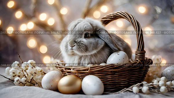 The concept of a bright Easter holiday. Delicate Easter mother-of-pearl eggs in a basket, a rabbit and delicate flowers on a pastel watercolor background. Стоковое AI-изображение, AI-художник Photojuli / Фотобанк Лори