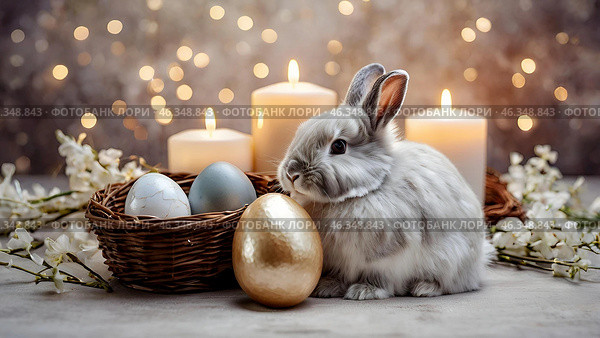 The concept of a bright Easter holiday. Delicate Easter mother-of-pearl eggs in a basket, a rabbit and delicate flowers on a pastel watercolor background. Стоковое AI-изображение, AI-художник Photojuli / Фотобанк Лори