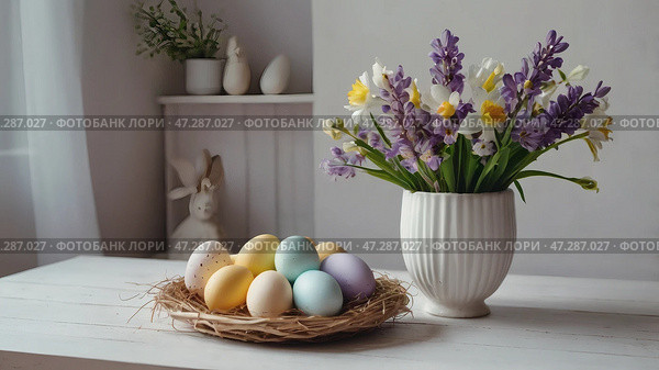 The concept of a bright Easter holiday. Retro home interior with Easter decor. Spring flowers in a white vase and Easter eggs in pastel shades. Стоковое AI-изображение, AI-художник Photojuli / Фотобанк Лори