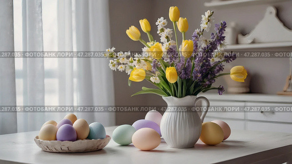 The concept of a bright Easter holiday. Retro home interior with Easter decor. Spring flowers in a white vase and Easter eggs in pastel shades. Стоковое AI-изображение, AI-художник Photojuli / Фотобанк Лори