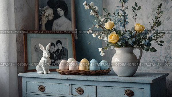 The concept of a bright Easter holiday. Retro home interior with Easter decor. Spring flowers in a white vase and Easter eggs in pastel shades. Стоковое AI-изображение, AI-художник Photojuli / Фотобанк Лори