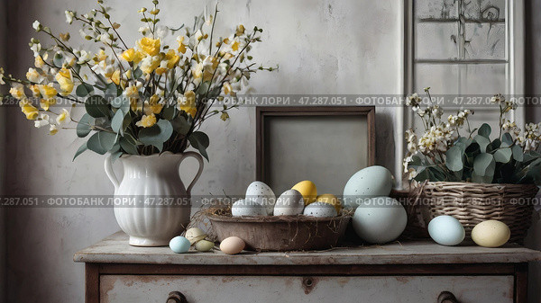 The concept of a bright Easter holiday. Retro home interior with Easter decor. Spring flowers in a white vase and Easter eggs in pastel shades. Стоковое AI-изображение, AI-художник Photojuli / Фотобанк Лори