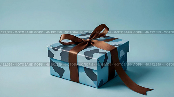 The concept of Defender of the Fatherland Day on February 23. Gift camouflage box with a festive satin ribbon bow on a light blue background. Стоковое AI-изображение, AI-художник Photojuli / Фотобанк Лори
