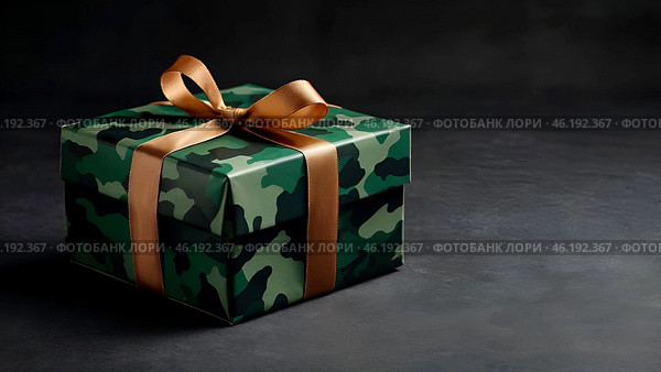 The concept of Defender of the Fatherland Day on February 23. Gift camouflage box with a festive satin ribbon bow on a dark green background. Стоковое AI-изображение, AI-художник Photojuli / Фотобанк Лори